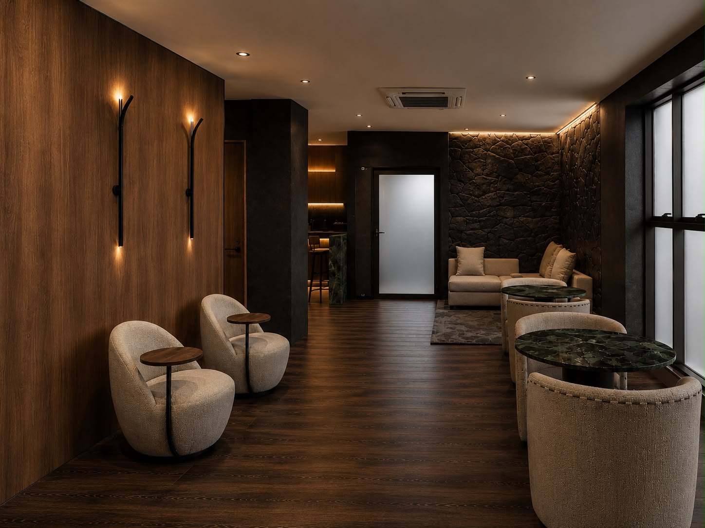 Ambiente da OMBRE, arquitetura em madeira natural, pedra e luz difusa